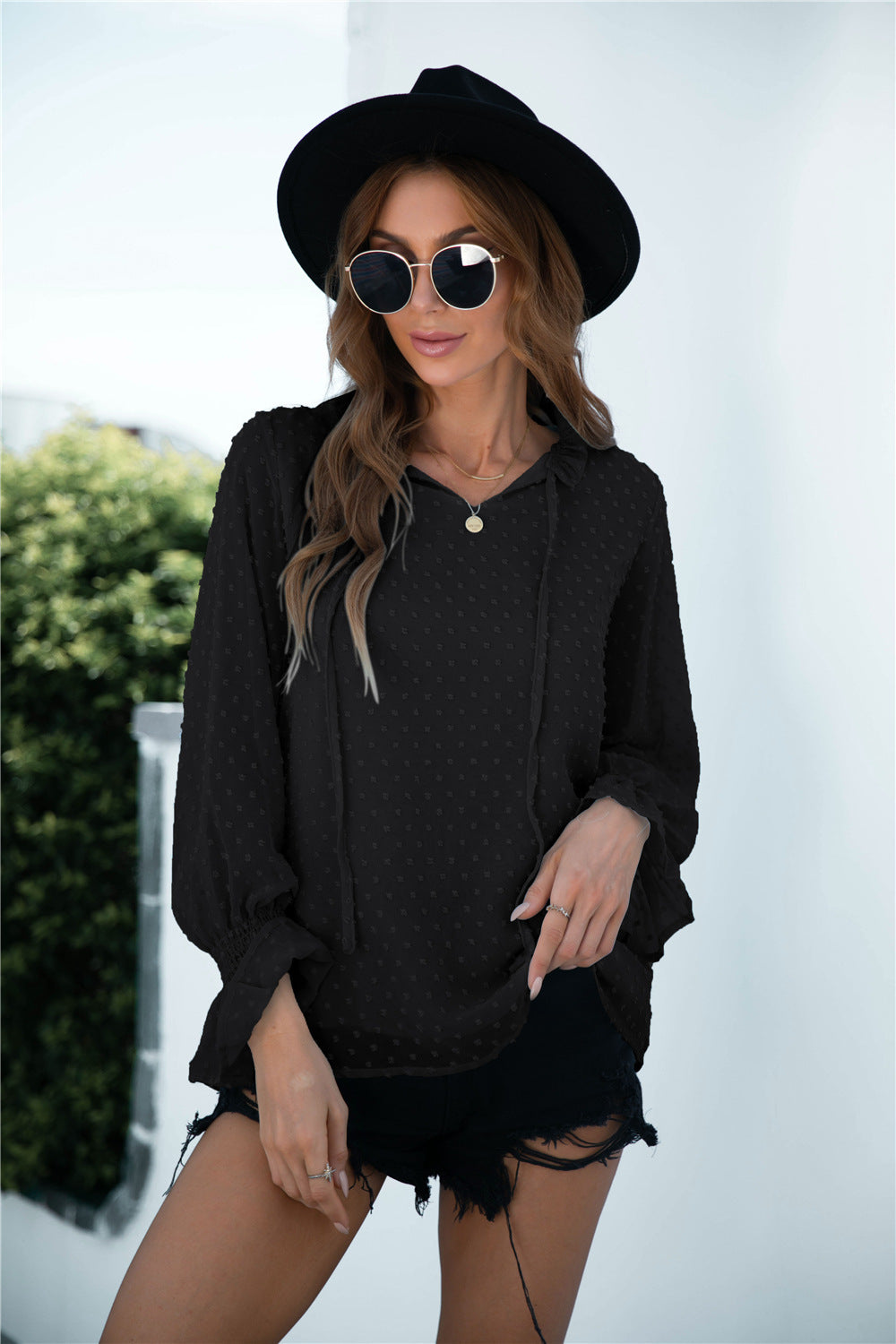 Swiss Dot Flounce Shirred Cuff Blouse