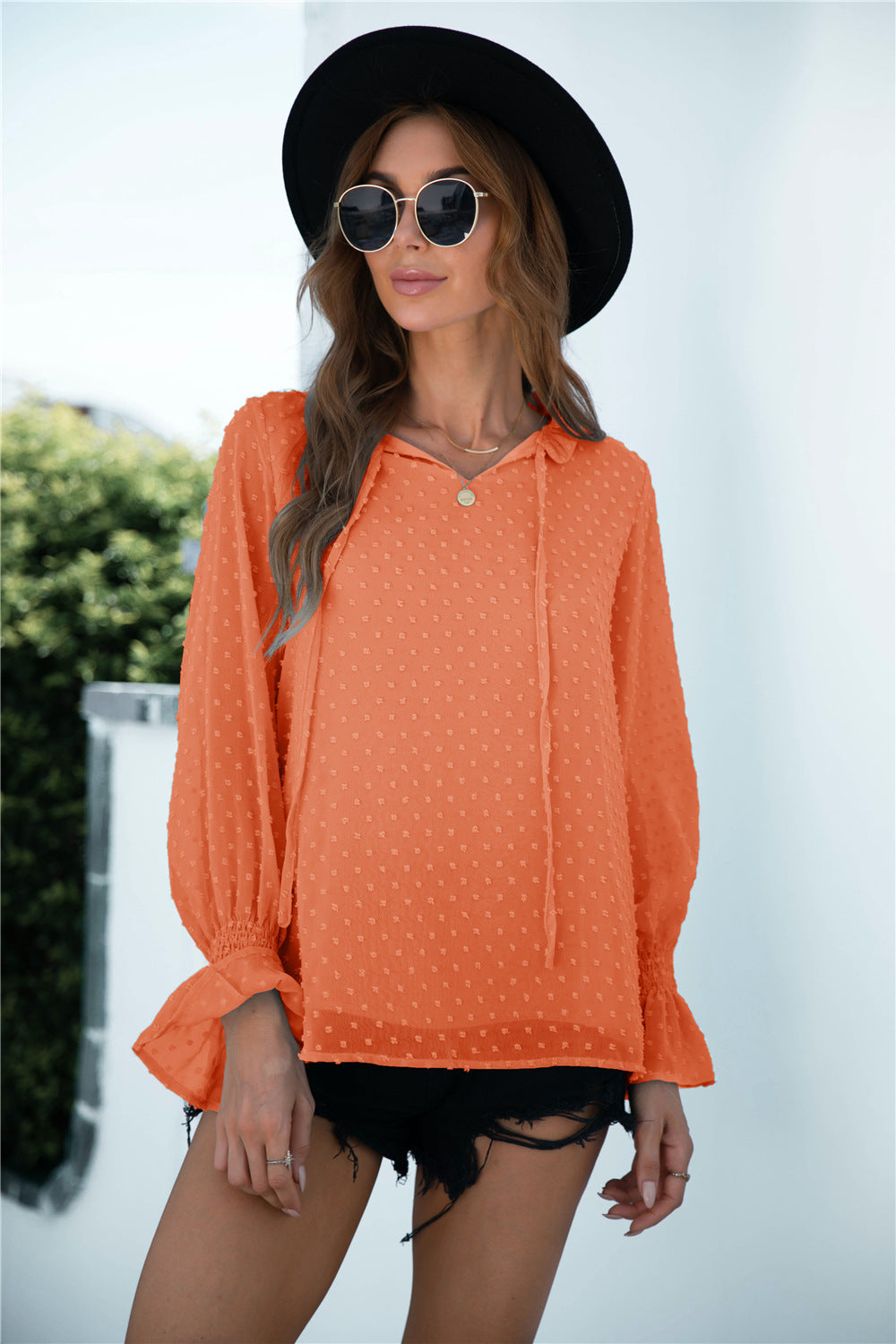 Swiss Dot Flounce Shirred Cuff Blouse