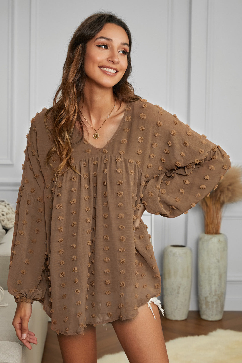 Drop Shoulder Swiss Dot Blouse