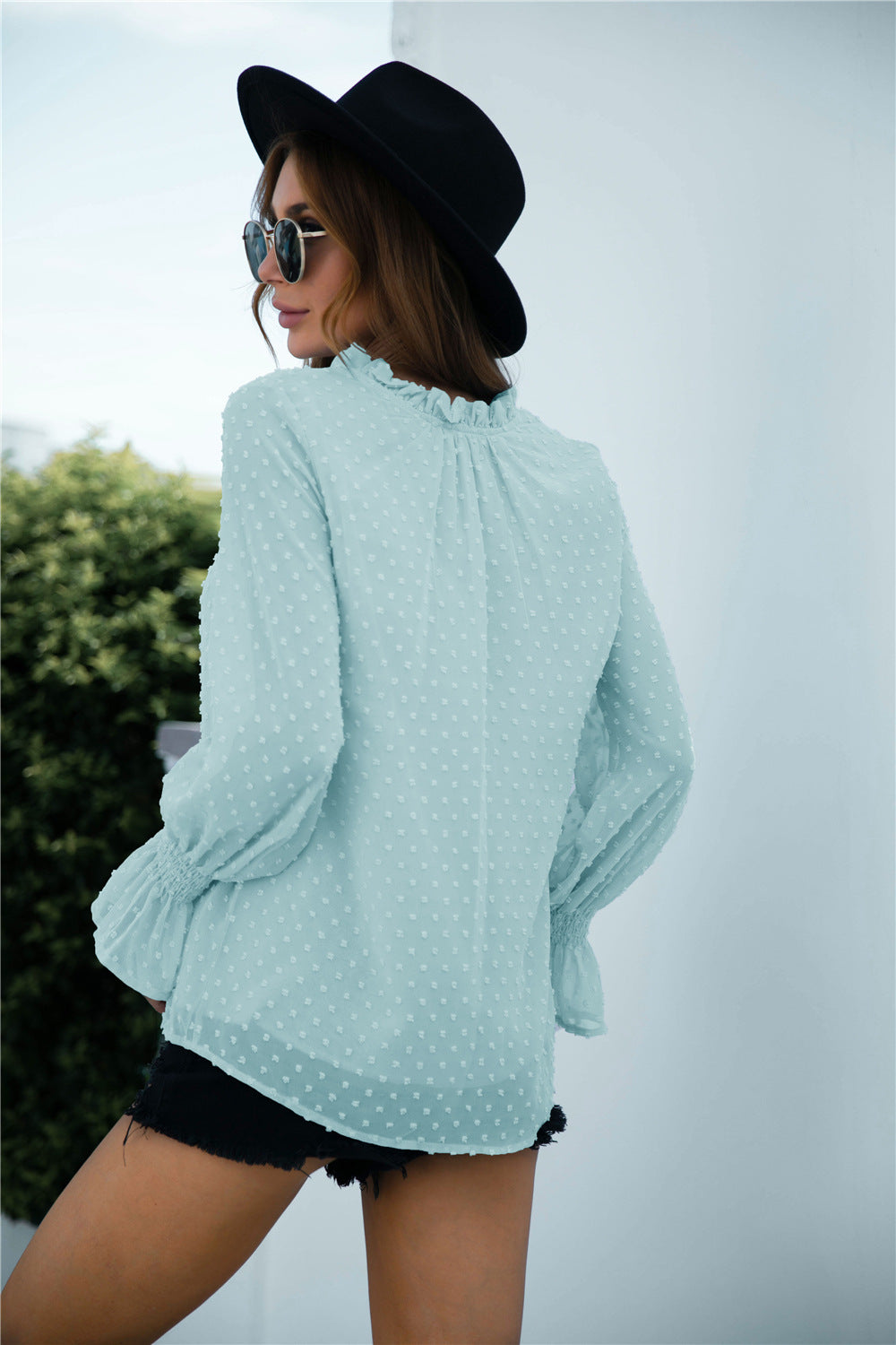 Swiss Dot Flounce Shirred Cuff Blouse