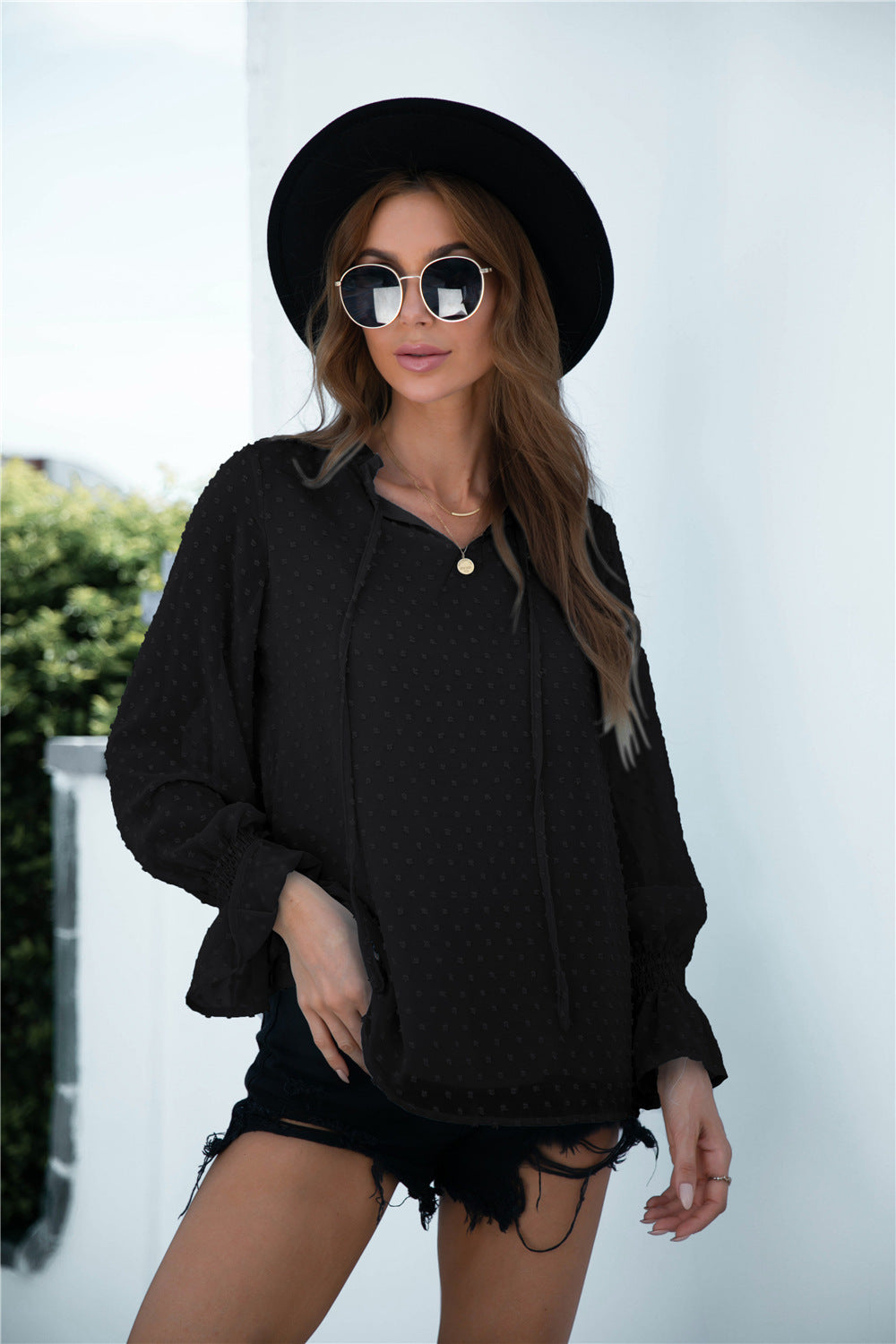 Swiss Dot Flounce Shirred Cuff Blouse