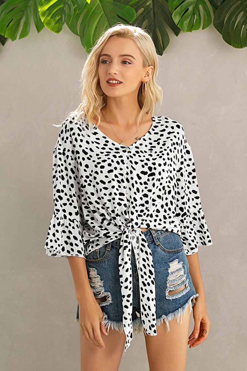 Cheetah Print Tie Hem Crop Blouse