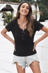 Scoop Neck Buttoned Front Ribbed Top