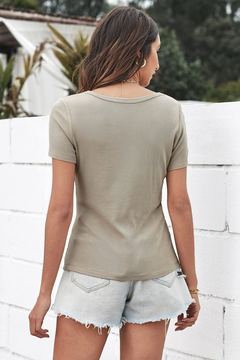 Scoop Neck Buttoned Front Ribbed Top