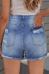 Folded Hem Ripped Denim Shorts