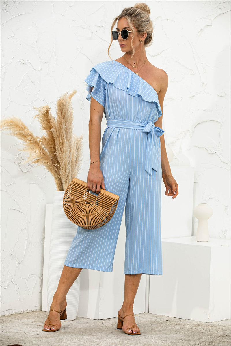 Striped Jumpsuit Women - Striped Jumpsuit - Asymmetric Neck | Nidsta