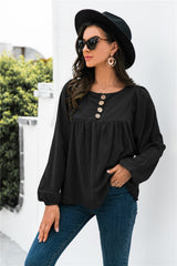 Button Up Balloon Sleeve Blouse