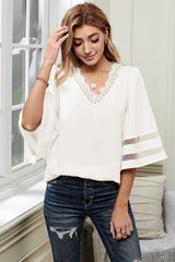 V Lace Neckline 3/4 Bell Mesh Sleeves Blouse