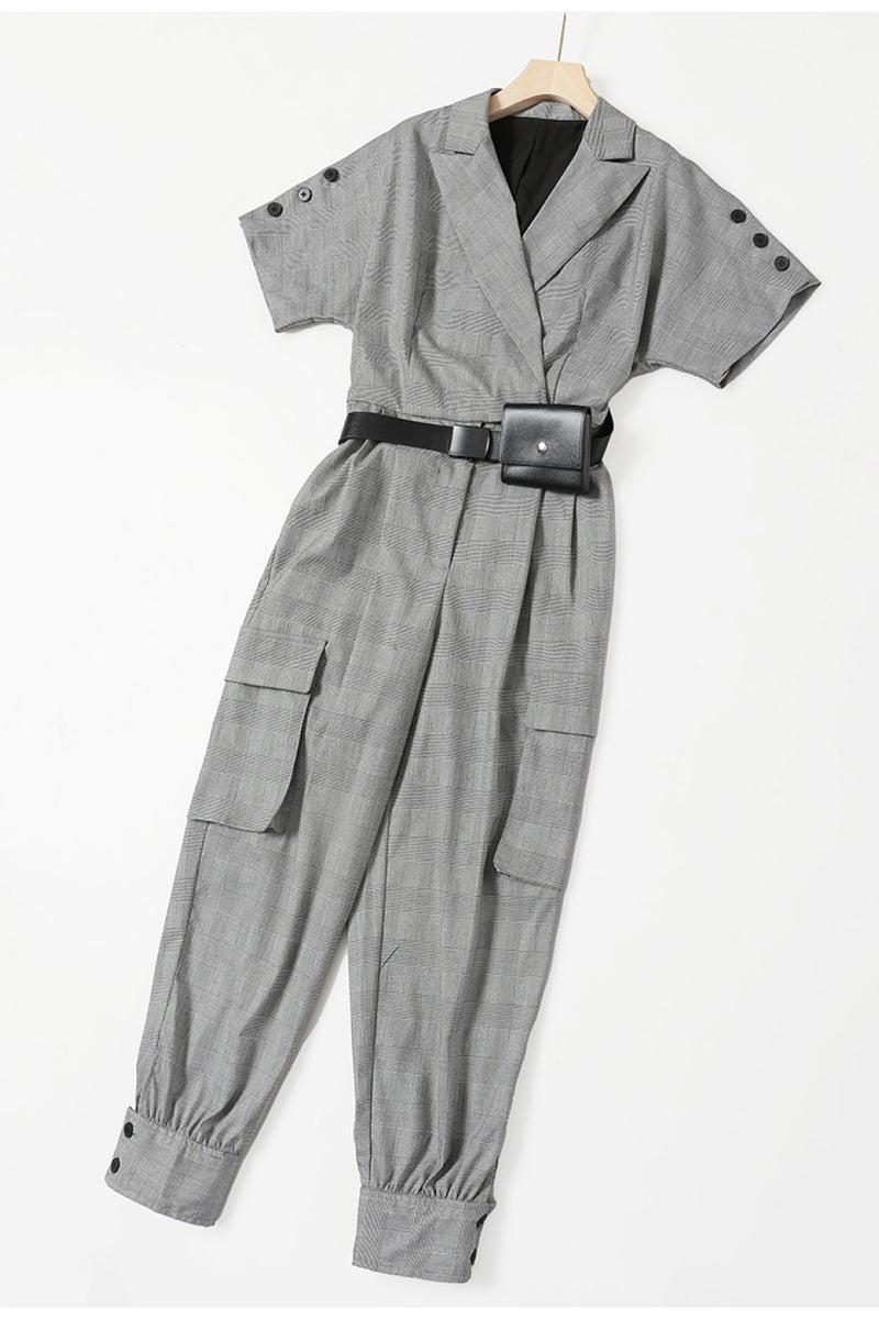 GAWQO Plaid Button Detail Cargo Pocket Jumpsuit