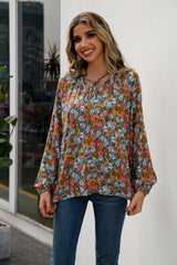 Floral Tie Neck Long Sleeve Blouse