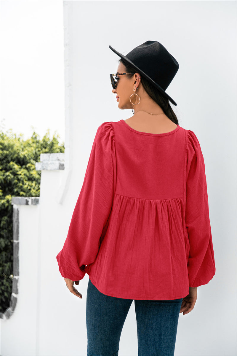 Button Up Balloon Sleeve Blouse