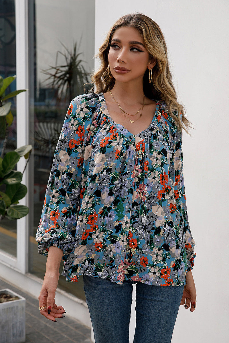 Floral Pleated Detail V-Neck Blouse