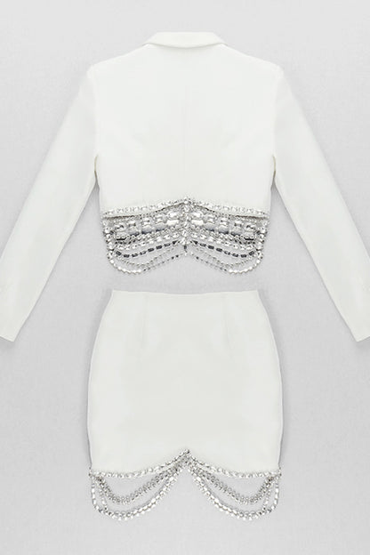 Plunge Neck Rhinestone Tassel Blazer Set