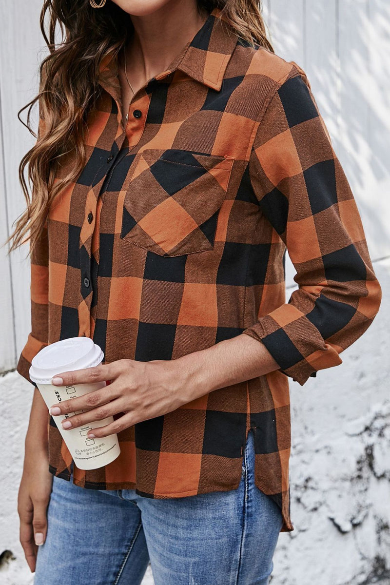 Plaid Button Up Pocket Blouse