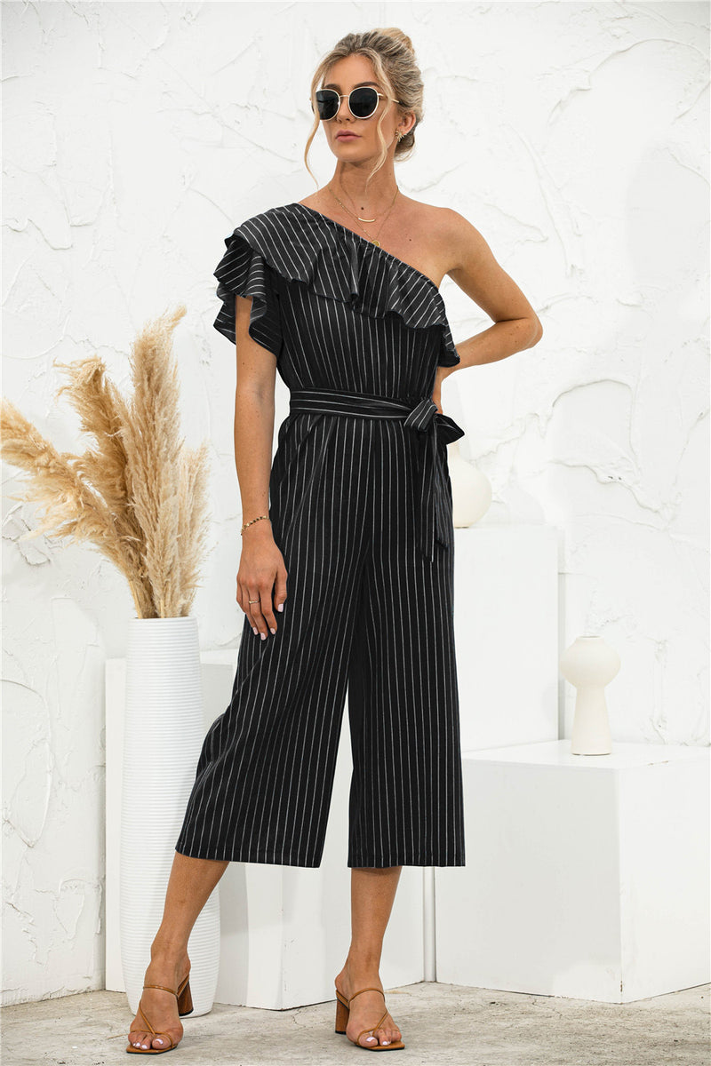 Striped Jumpsuit Women - Striped Jumpsuit - Asymmetric Neck | Nidsta