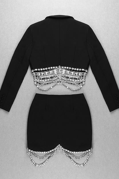 Plunge Neck Rhinestone Tassel Blazer Set
