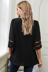 V Lace Neckline 3/4 Bell Mesh Sleeves Blouse