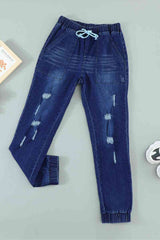 High Waist Elasticated Bottom Distressed Jeans