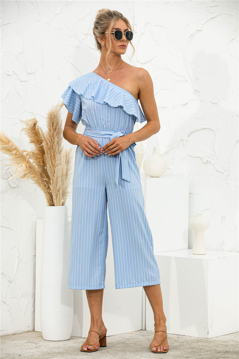 Striped Jumpsuit Women - Striped Jumpsuit - Asymmetric Neck | Nidsta