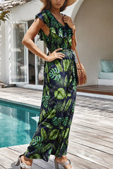 Tropical Printed V-Neck Wide Leg Jumpsuit