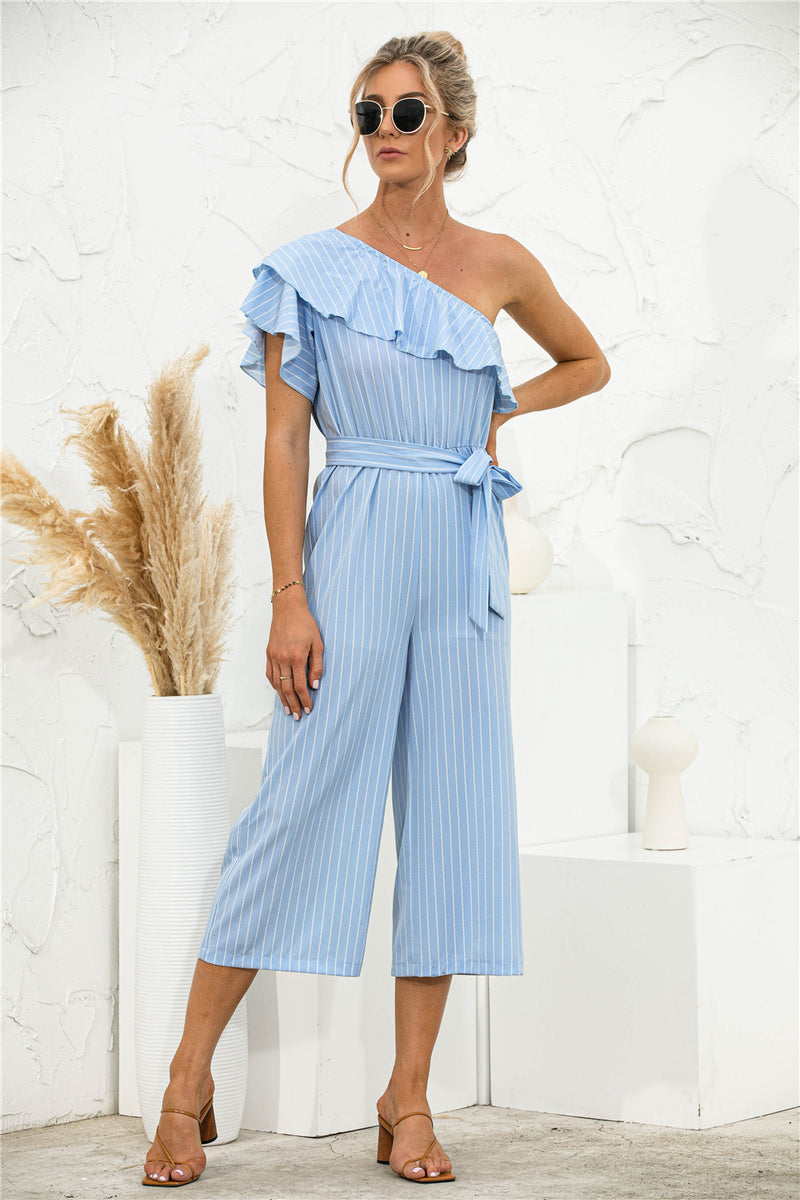 Striped Jumpsuit Women - Striped Jumpsuit - Asymmetric Neck | Nidsta