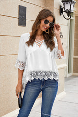 Criss Cross Neck Lace Hem Blouse