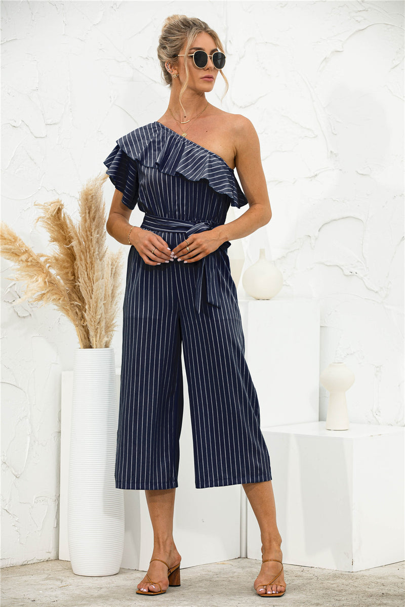 Striped Jumpsuit Women - Striped Jumpsuit - Asymmetric Neck | Nidsta