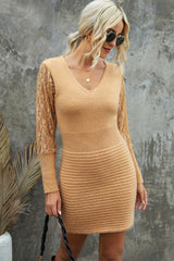 Lace Sleeve V-Neck Knit Dress