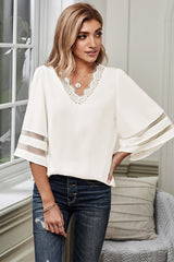 V Lace Neckline 3/4 Bell Mesh Sleeves Blouse