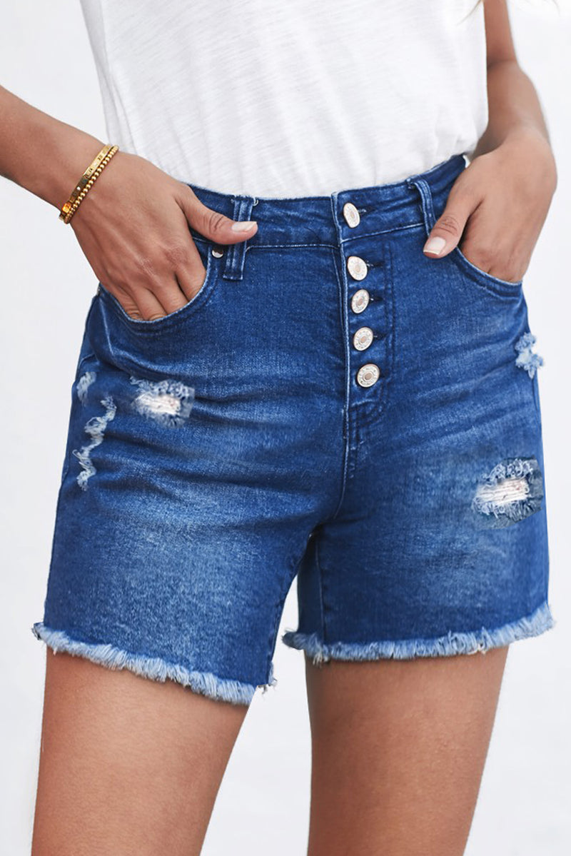 Buttoned and Frayed Denim Shorts