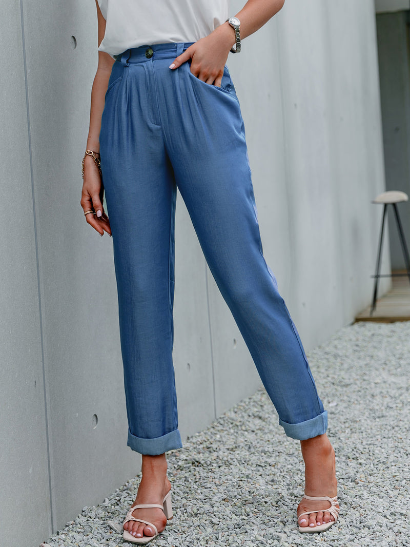 High Waist Straight Leg Cuffed Pants