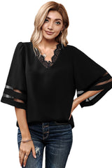 V Lace Neckline 3/4 Bell Mesh Sleeves Blouse