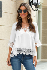 Criss Cross Neck Lace Hem Blouse