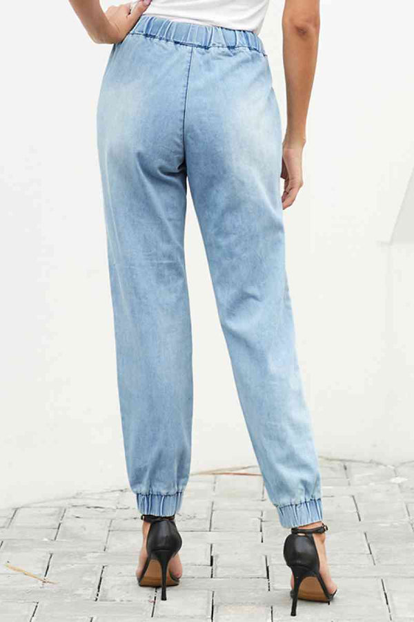 High Waist Elasticated Bottom Distressed Jeans