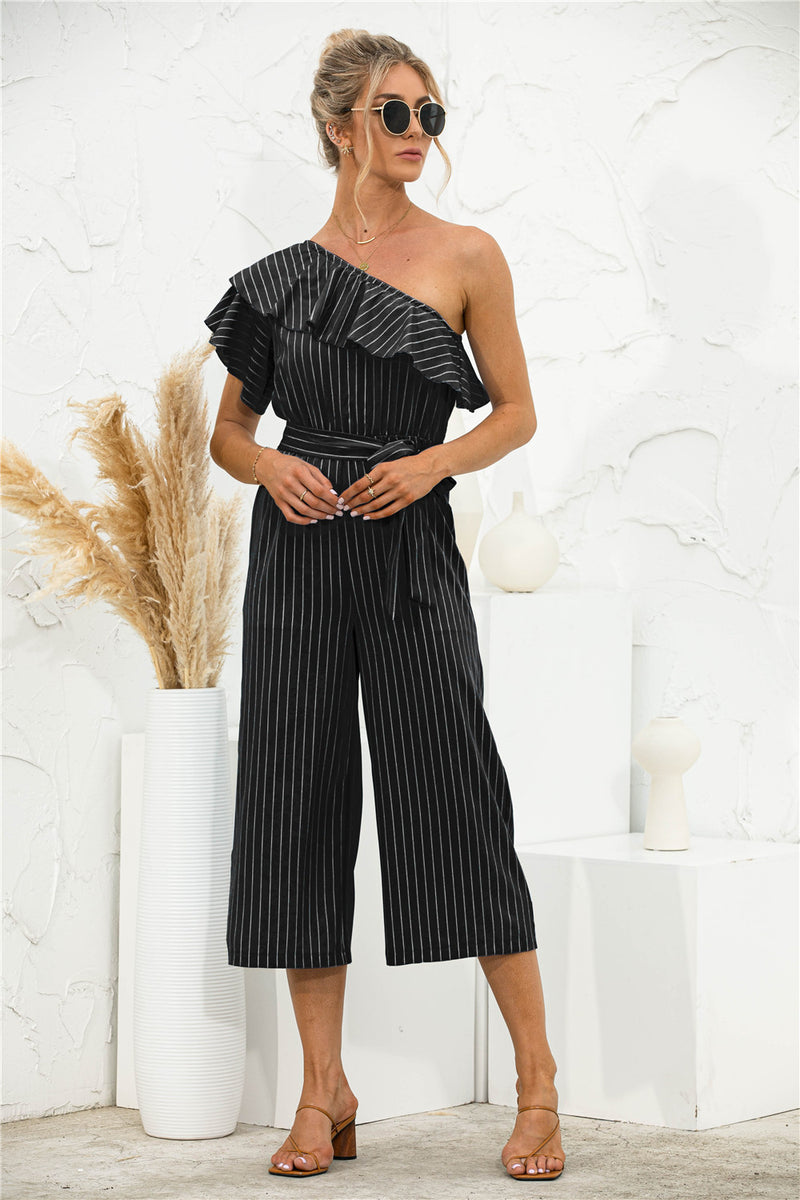 Striped Jumpsuit Women - Striped Jumpsuit - Asymmetric Neck | Nidsta