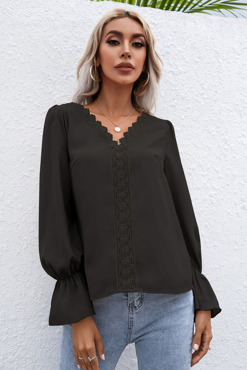 Lace Trim Flounce Sleeve Blouse