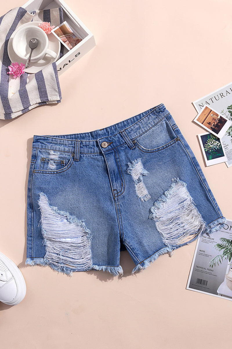 High Rise Distressed Denim Shorts