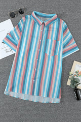 Striped Collared Neck Button-down Pocketed Top