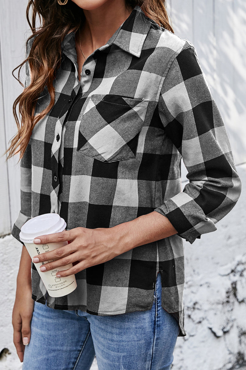 Plaid Button Up Pocket Blouse