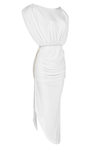 Cap-Sleeve V-Back Chain Detail Asymmetrical Dress