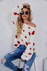 Heart Print Fuzzy Crewneck Long Sleeve Sweater